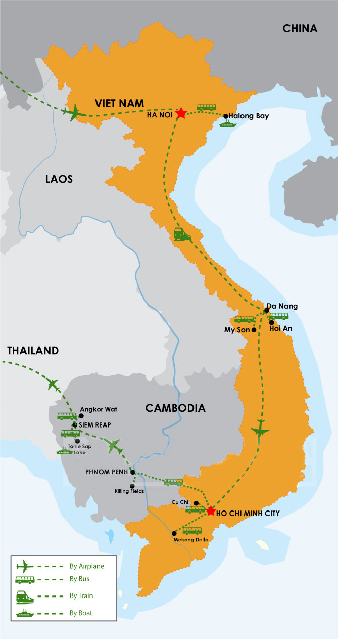Tour map: 17 Days Vietnam Cambodia Tours