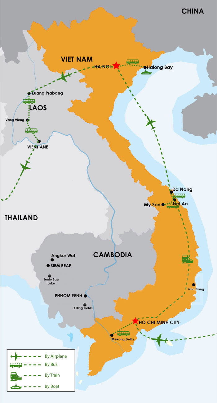 Tour map: 15 DAY THE BEST OF VIETNAM AND LAOS
