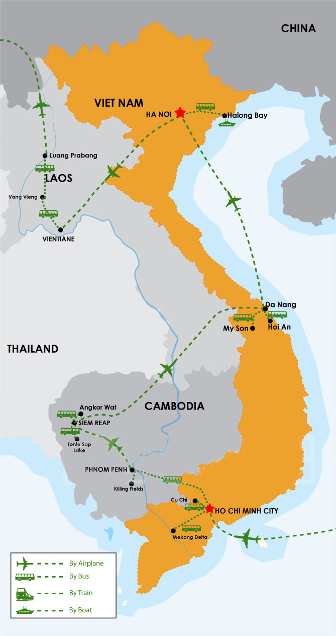 Tour map: 19 Days Vietnam, Cambodia & Laos